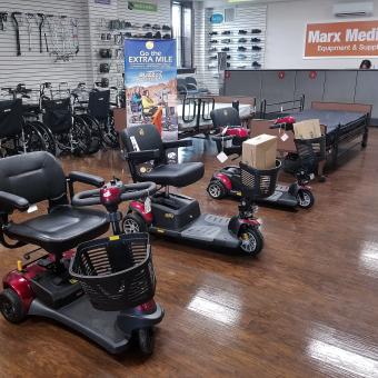 Selection of power chairs inside Philadelphia Marx Medical store