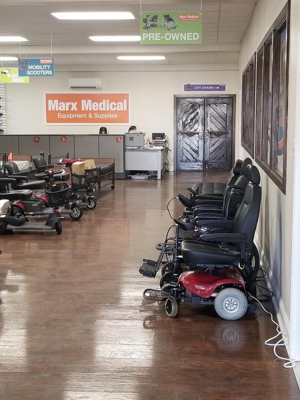 Selection of mobility scooters inside Philadelphia Marx Medical store