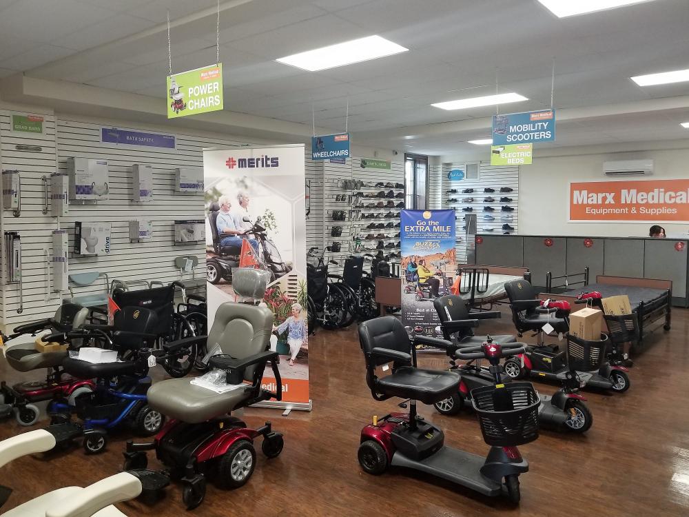 Selection of power chairs inside Philadelphia Marx Medical store