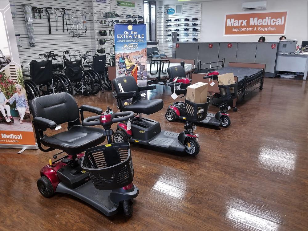 Selection of power chairs inside Philadelphia Marx Medical store