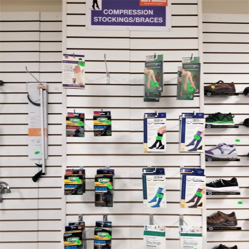 Selection of compression stockings and braces inside Philadelphia Marx Medical store