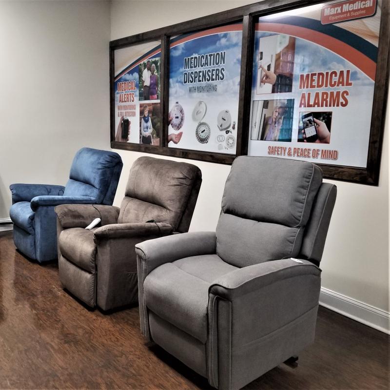 Selection of lift chairs inside Philadelphia Marx Medical store