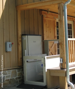 Savaria Multilift Vertical Platform Lift attached to an outdoor deck