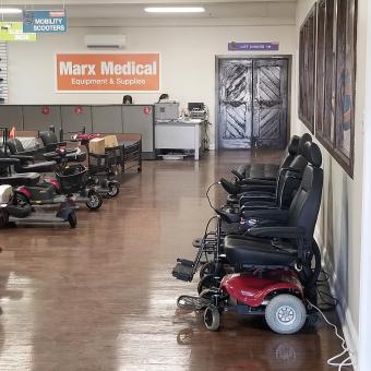 Selection of mobility scooters inside Philadelphia Marx Medical store