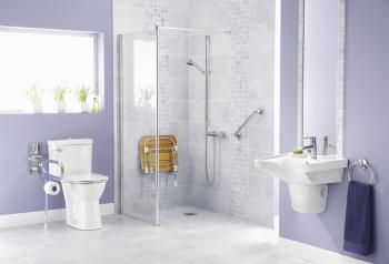 Home bathroom modified with grab bars and a shower bench