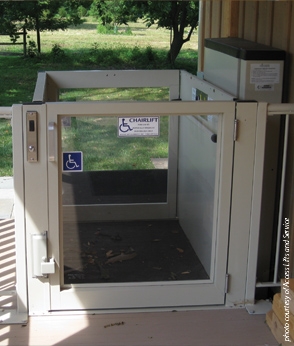 Savaria Multilift Vertical Platform Lift attached to an outdoor deck